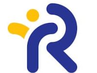 Logo w kształcie litery R złożone z niebieskich i żółtych grubych kresek