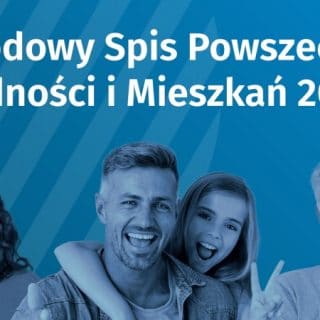 Rodzina na niebieskim tle z napisem Narodowy Spis Powszechny Ludności i Mieszkań 2021