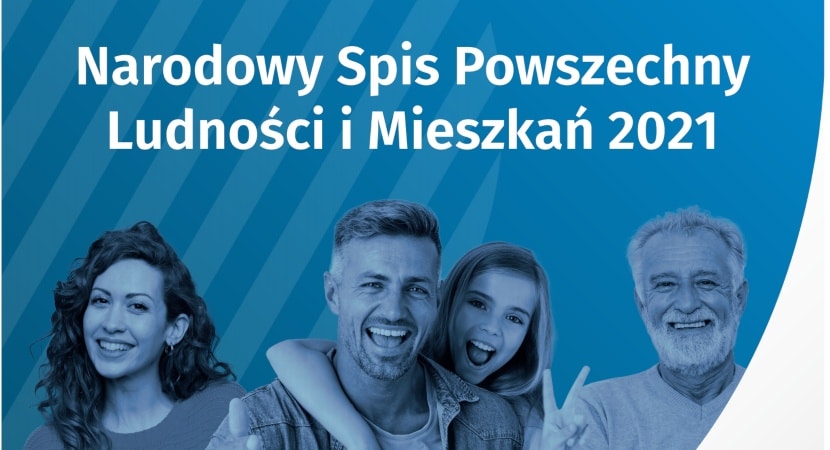 Narodowy Spis Powszechny Rodzina na niebieskim tle z napisem Narodowy Spis Powszechny Ludności i Mieszkań 2021