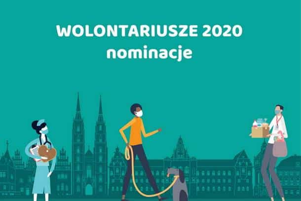 wolontariusze-2020-wroclawskie-oblicza-wolontariatu (1) grafika przedstawiająca trzy postacie na tle miasta Wrocławia