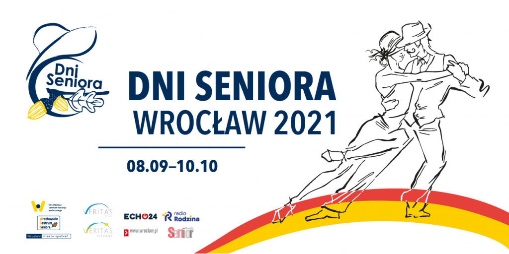 Dolnośląska Grupa Artystyczna dla seniorów Plakat DNI SENIORA - Wrocław 2021, na nim szkic tańczącej pary i napisy