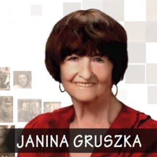 Uśmiechnięta brunetka w czerwonej bluzce, pod spodem napis: Janina Gruszka