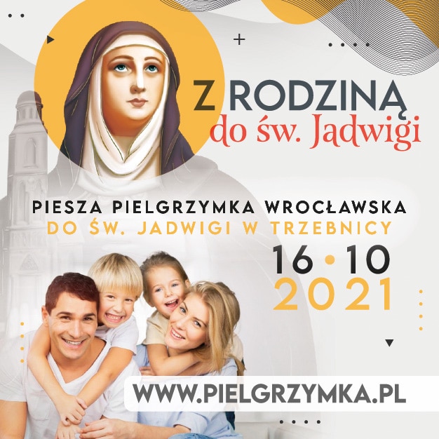 Print Znaczek pielgrzymkowy, a na nim święta Jadwiga i rodzina, obok data i hasło pielgrzymki: Z rodziną do św. Jadwigi