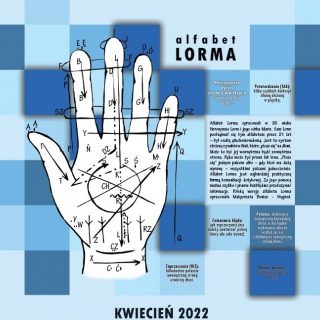Na kratkowanym tle o różnych odcieniach błękitu dłoń z rozrysowanymi punktami i strzałkami do komunikacji alfabetem Lorma. U dołu napis KWIECIEŃ 2022