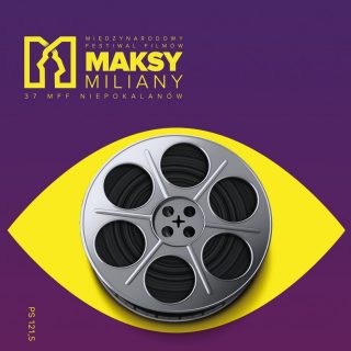 Na fioletowym tle żółty kształt oka, a w nim taśma filmowa. Podpis Międzynarodowy Festiwal Filmów Maksymiliany