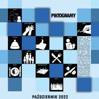 Na kratkowanym tle o różnych odcieniach błękitu znaki przedstawiające piktogramy. U dołu napis PAŹDZIERNIK 2022