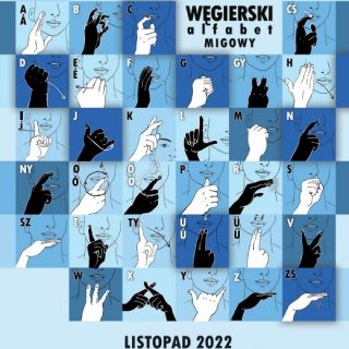 Na kratkowanym tle o różnych odcieniach błękitu dłonie przedstawiające węgierski alfabet migowy. U dołu napis LISTOPAD 2022
