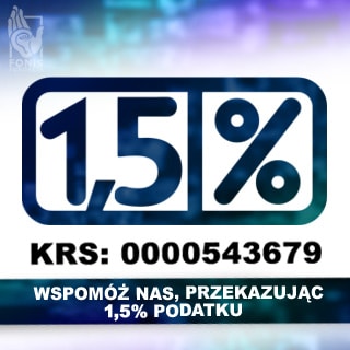 Grafika z napisem 1,5%, numerem KRS i zachętą do wsparcia Fundacji FONIS