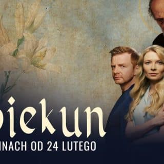 Dwóch mężczyzn i jedna kobieta na tle świętego Józefa, obok napis: Opiekun w kinach od 24 lutego