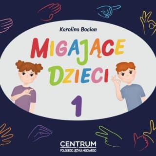 Kolorowy napis migające dzieci, obok chłopiec i dziewczynka migają