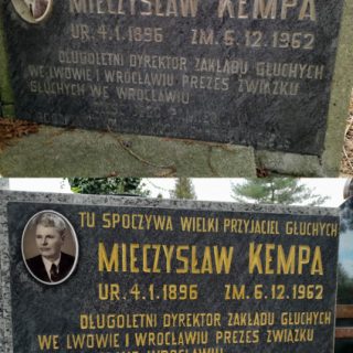 Tablica nagrobna Mieczysława Kempy przed i po renowacji