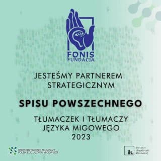 Na tle mapy Polski logo Fundacji FONIS i napisy o spisie tłumaczy języka migowego