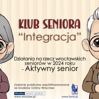 Grafika babci i dziadka z napisami o Klubie Seniora Integracja
