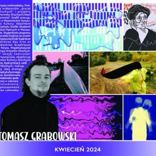 Kolaż zdjęć i grafik prezentujących Tomasza Grabowskiego