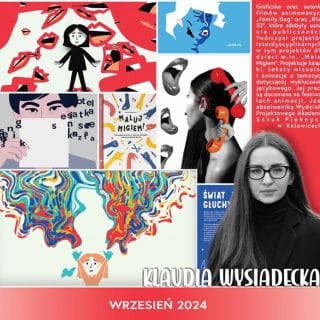 Zdjęcie kobiety i notka biograficzna na tle kolażu prac plastycznych