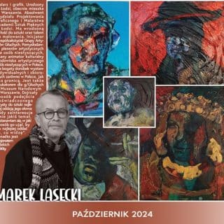 Zdjęcie mężczyzny i notka biograficzna na tle kolażu prac plastycznych