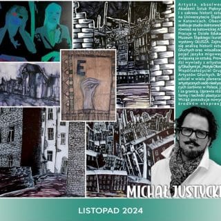 Zdjęcie mężczyzny i notka biograficzna na tle kolażu prac plastycznych