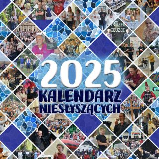 Napis "2025 kalendarz niesłyszących" na tle kolażu zdjęć w niebieskiej tonacji