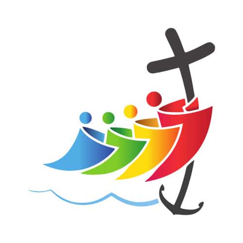 ave crux spes unica Grafika przedstawiająca cztery postacie zmierzające razem do krzyża zakończonego kotwicą